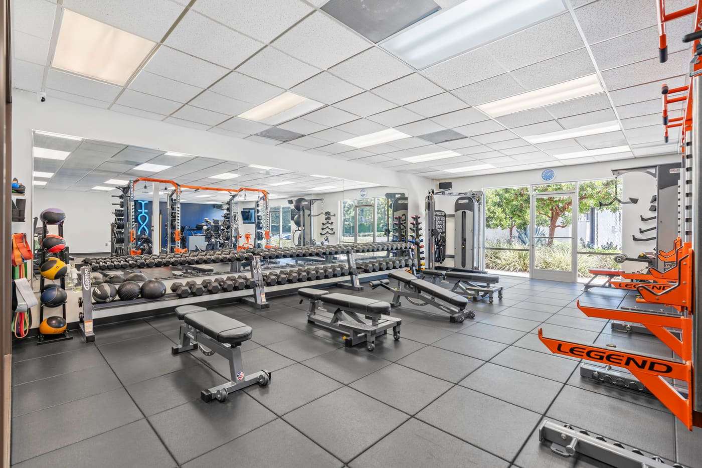Benches, dumbbells and racks across the main floor of the studio