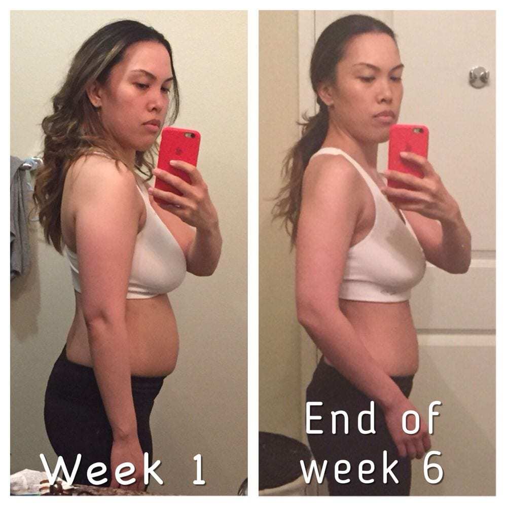 Two client progress photos labelled week 1 and end of week 6